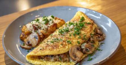 Omelette paysanne aux champignons ail et fromage fondant servie bien chaude
