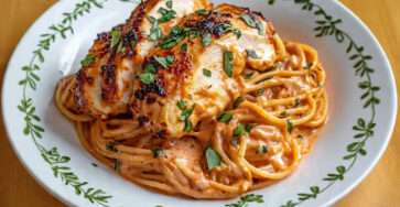 Spaghetti crème de tomate poulet rôti nappés de sauce onctueuse et persil frais