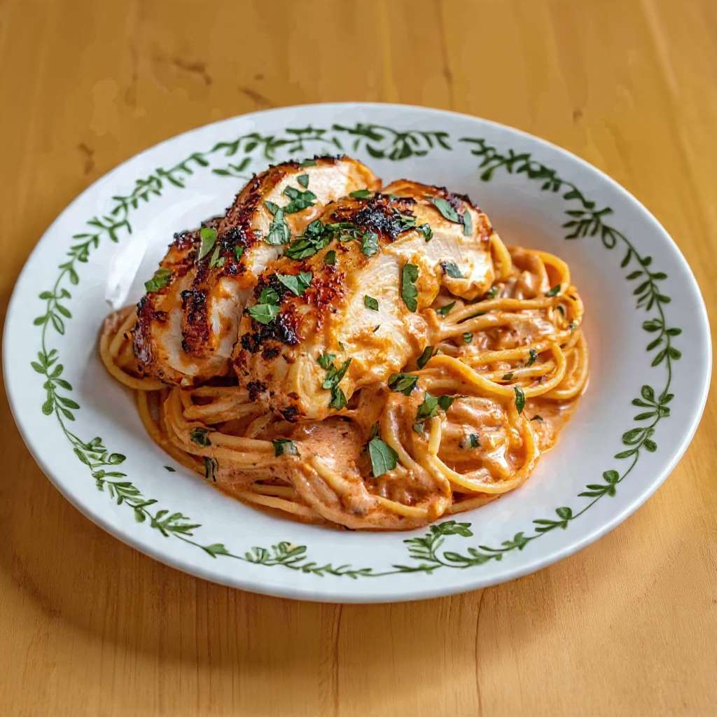 Spaghetti crème de tomate poulet rôti nappés de sauce onctueuse et persil frais