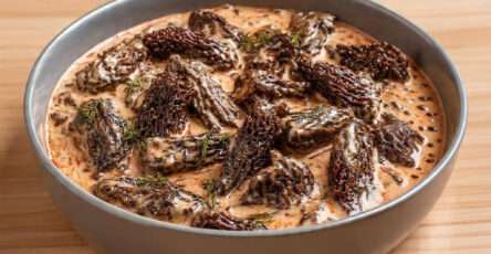 Sauce aux morilles pour volaille crémeuse servie en saucière avec morilles entières et herbes fraîches