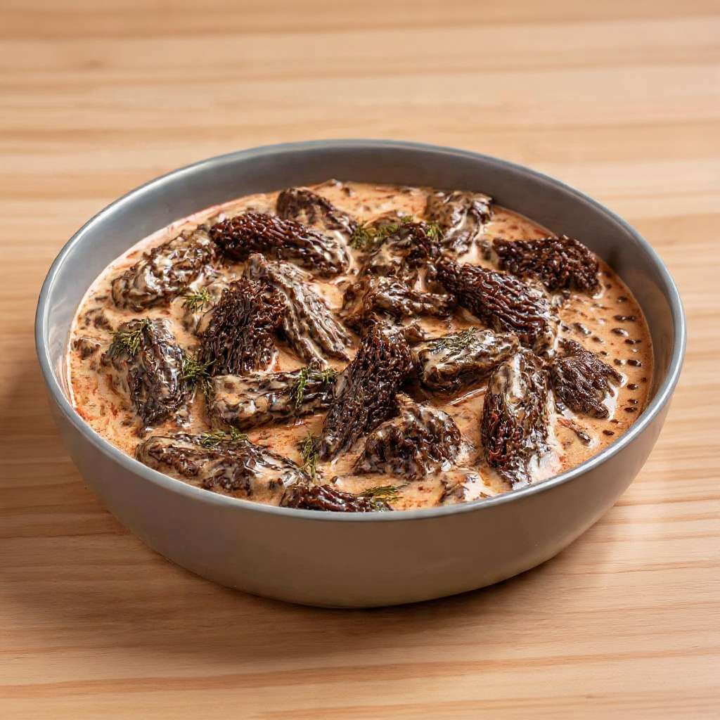 Sauce aux morilles pour volaille crémeuse servie en saucière avec morilles entières et herbes fraîches