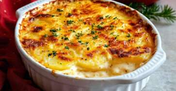 Gratin dauphinois fondant à la muscade doré au four dans un plat en céramique