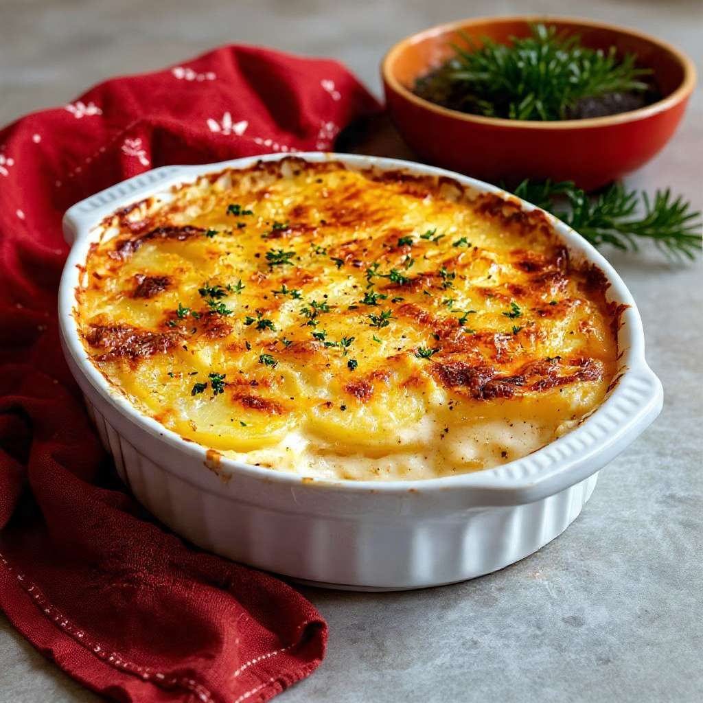Gratin dauphinois fondant à la muscade doré au four dans un plat en céramique