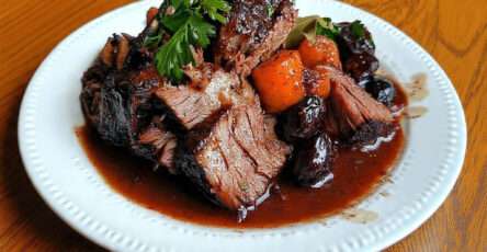 Sanglier braisé cacao prune noire mijoté en cocotte avec sauce sombre et légumes fondants