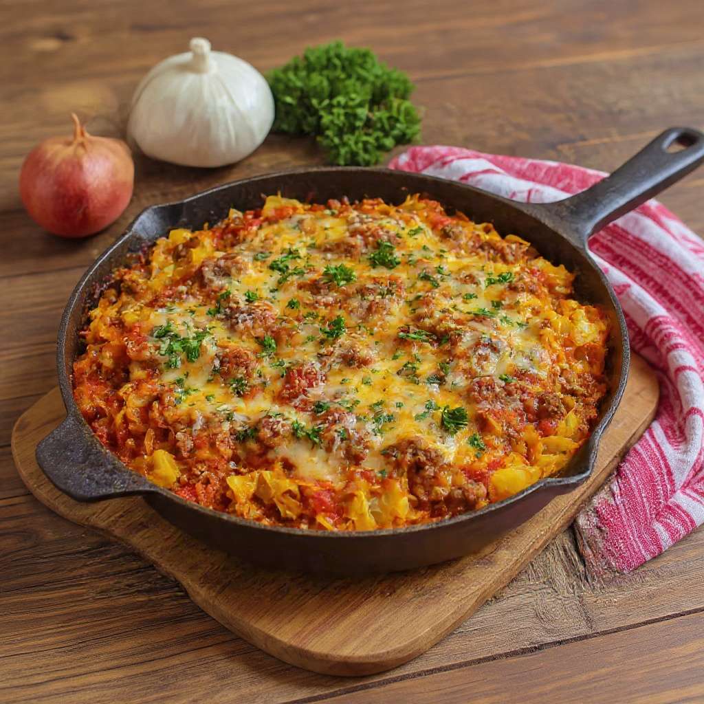 Chou à la viande hachée gratiné à l’italienne doré au four avec fromage fondu