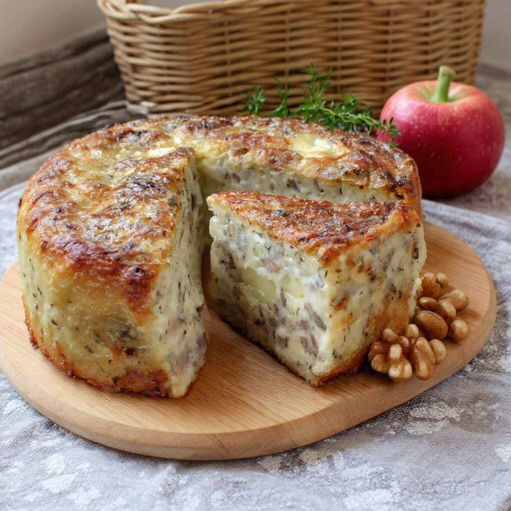 Cake salé pommes camembert noix doré au four avec morceaux fondants et noix croquantes