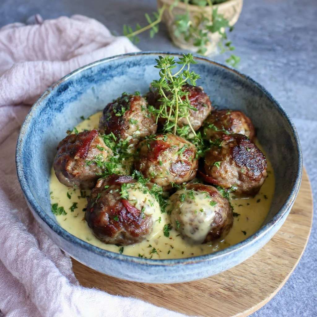 Boulettes de bœuf moutarde ancienne nappées de sauce crémeuse dans une poêle