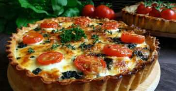 Tarte salée aux épinards tomates rôties gratinée au fromage dorée au four
