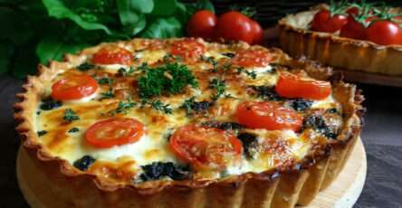 Tarte salée aux épinards tomates rôties gratinée au fromage dorée au four
