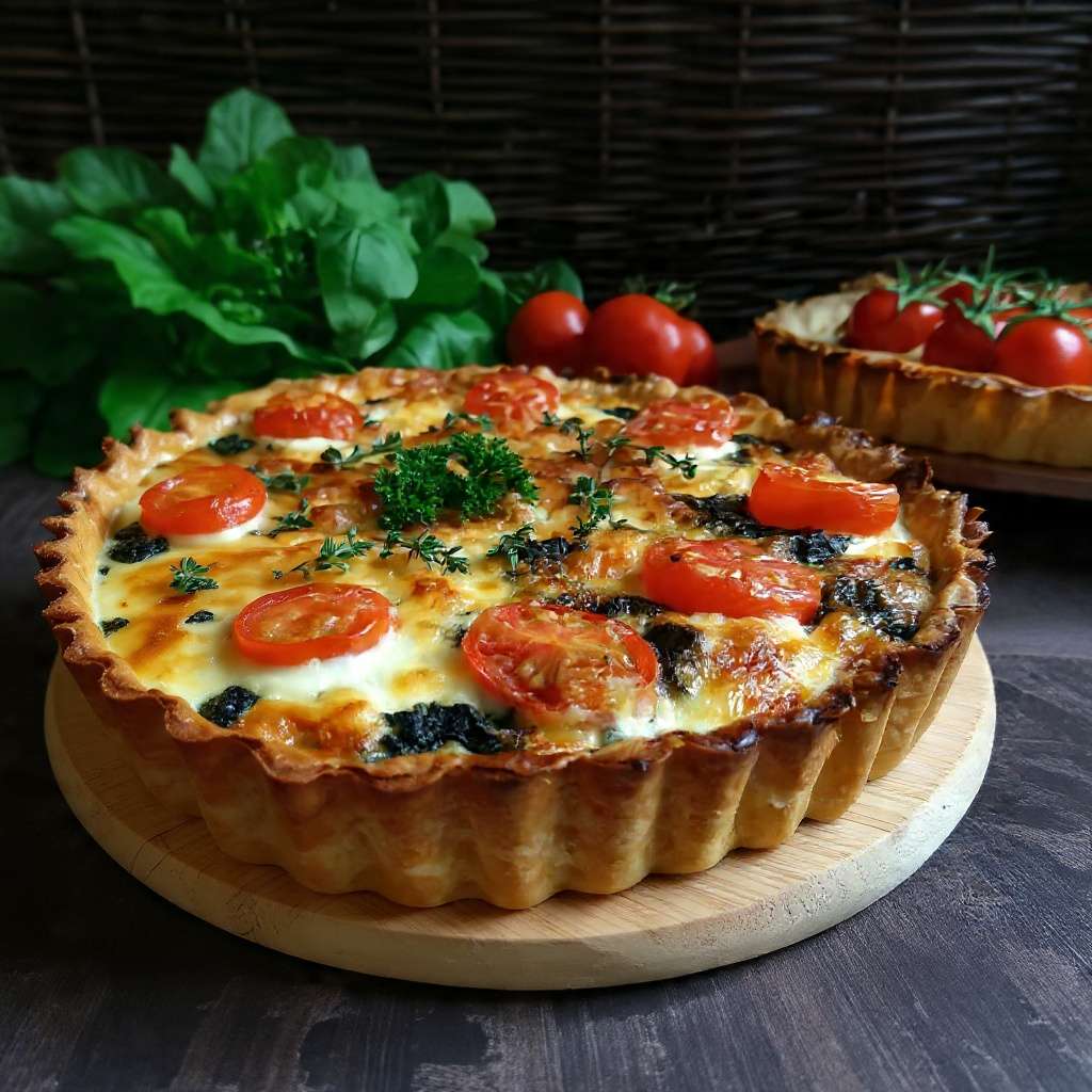Tarte salée aux épinards tomates rôties gratinée au fromage dorée au four