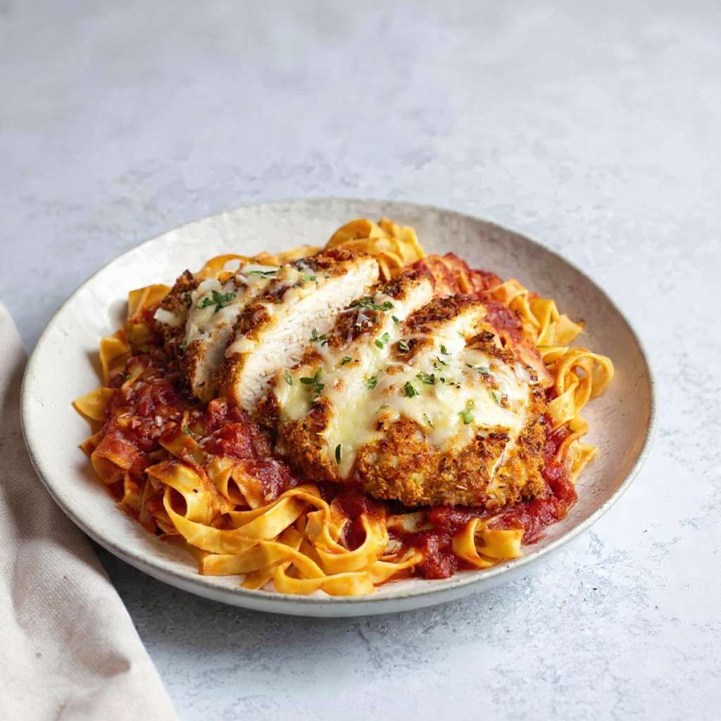 Escalope de poulet parmigiana gratinée servie avec tagliatelles et sauce tomate