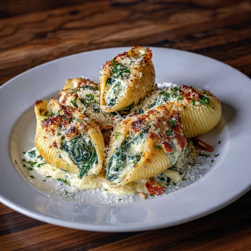 Conchiglioni farcis ricotta épinards gratinés au four avec parmesan doré