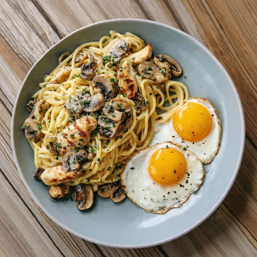 Spaghettis crémeux poulet champignons servis avec œuf au plat au jaune coulant