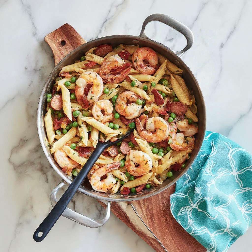 Penne crémeuses crevettes saucisse et petits pois servies chaudes dans une assiette