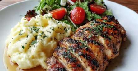 Poulet grillé purée maison et salade fraîche servis dans une assiette équilibrée