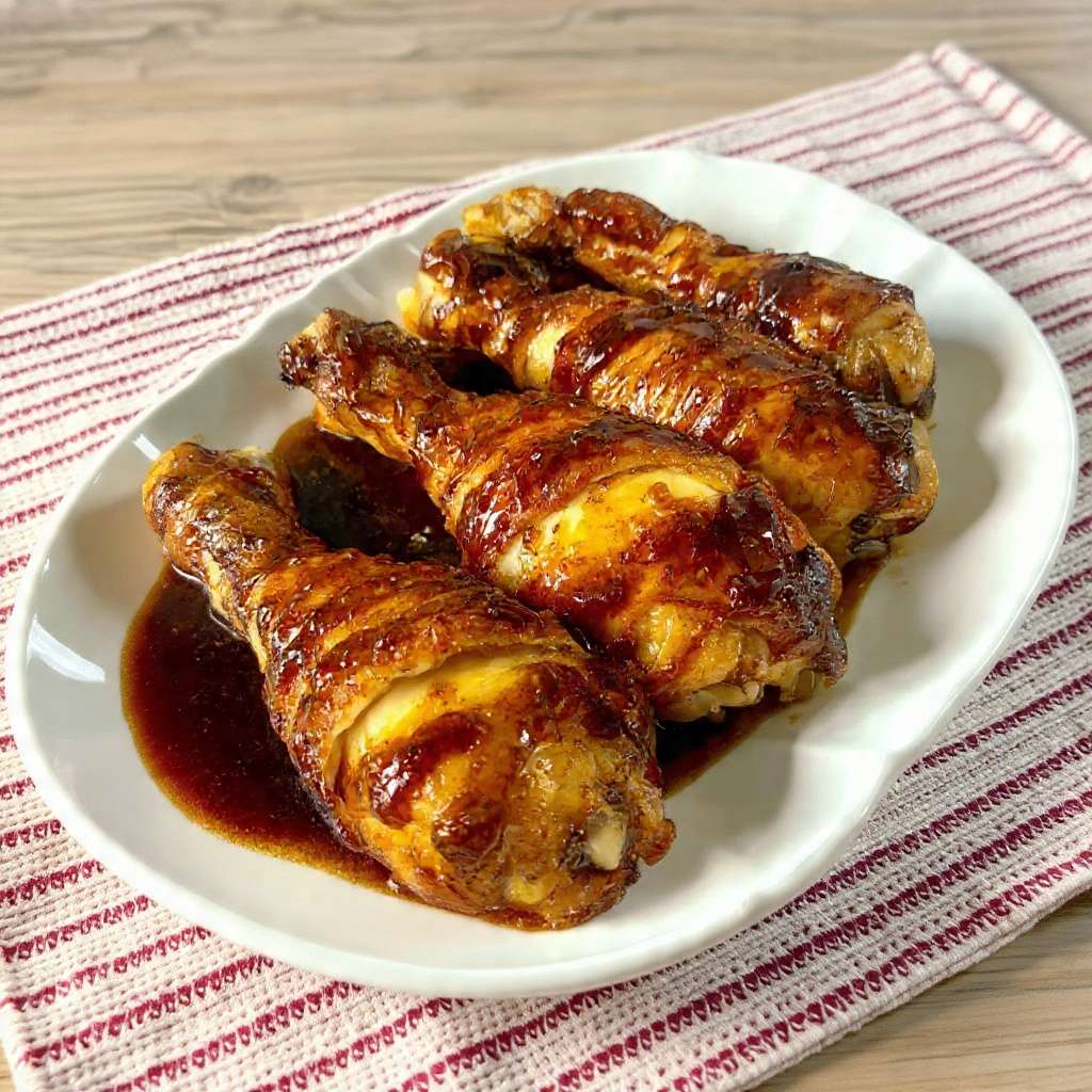 Pilons de poulet bacon fromage fondant dorés au four et nappés de sauce barbecue