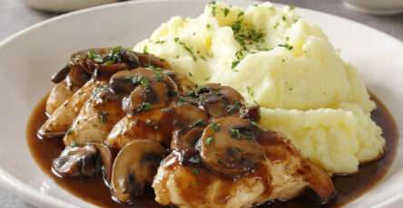 Poulet fondant sauce champignons servi avec une purée onctueuse maison