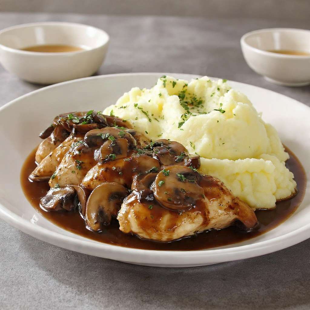 Poulet fondant sauce champignons servi avec une purée onctueuse maison