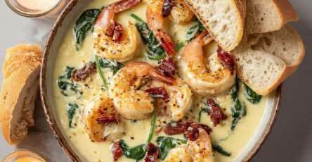 Crevettes crémeuses épinards et tomates séchées servies avec pain rustique