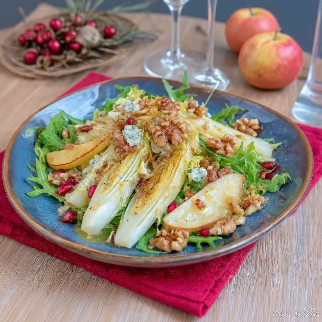 Salade d’endives rôties aux pommes dorées, noix et fromage bleu