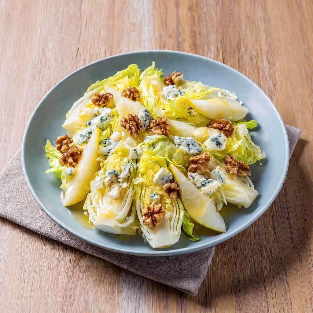 Salade d’endives poires fromage bleu et noix servie fraîche