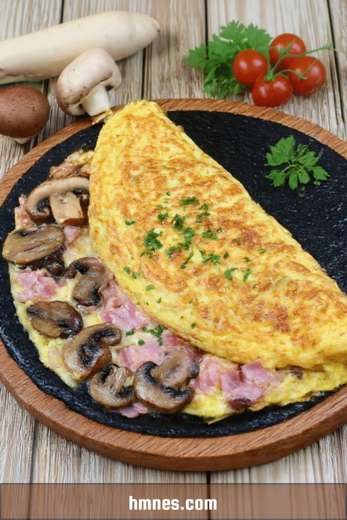 Omelette paysanne champignons lardons servie bien chaude et moelleuse