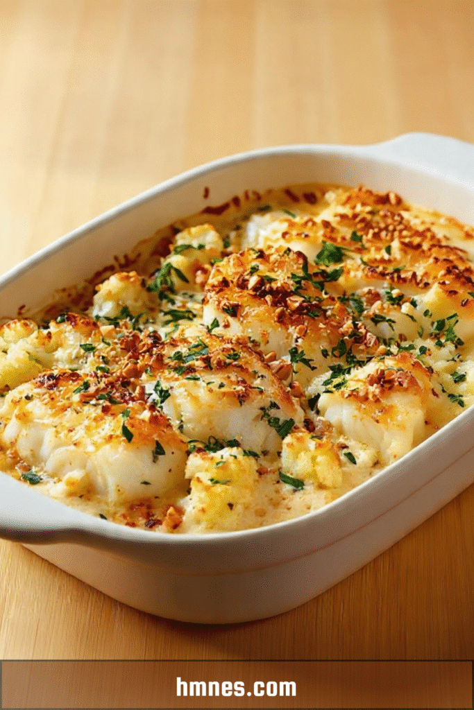 Gratin de cabillaud au chou-fleur crémeux avec fromage gratiné et fruits secs