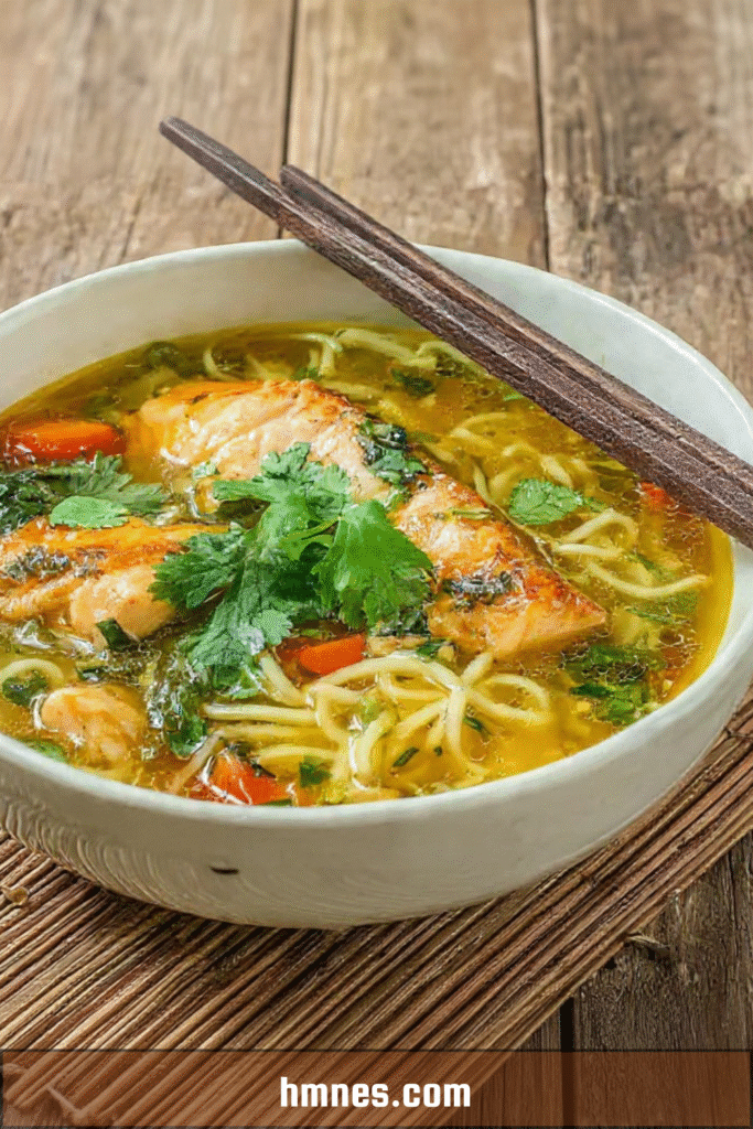 Soupe asiatique au saumon avec nouilles et coriandre fraîche