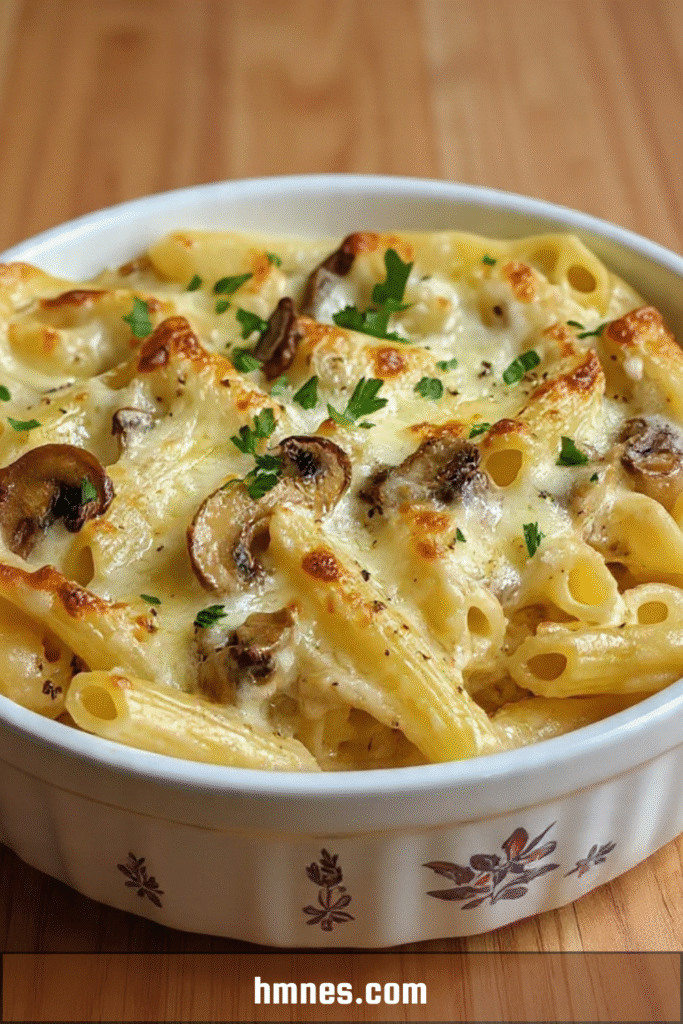 Gratin de pâtes crémeux aux champignons doré au four avec fromage fondu