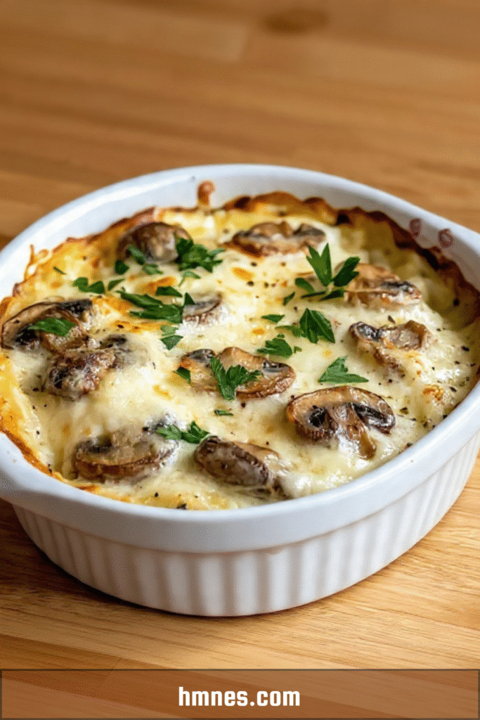 Champignons à la crème gratinés dorés au four avec fromage fondu