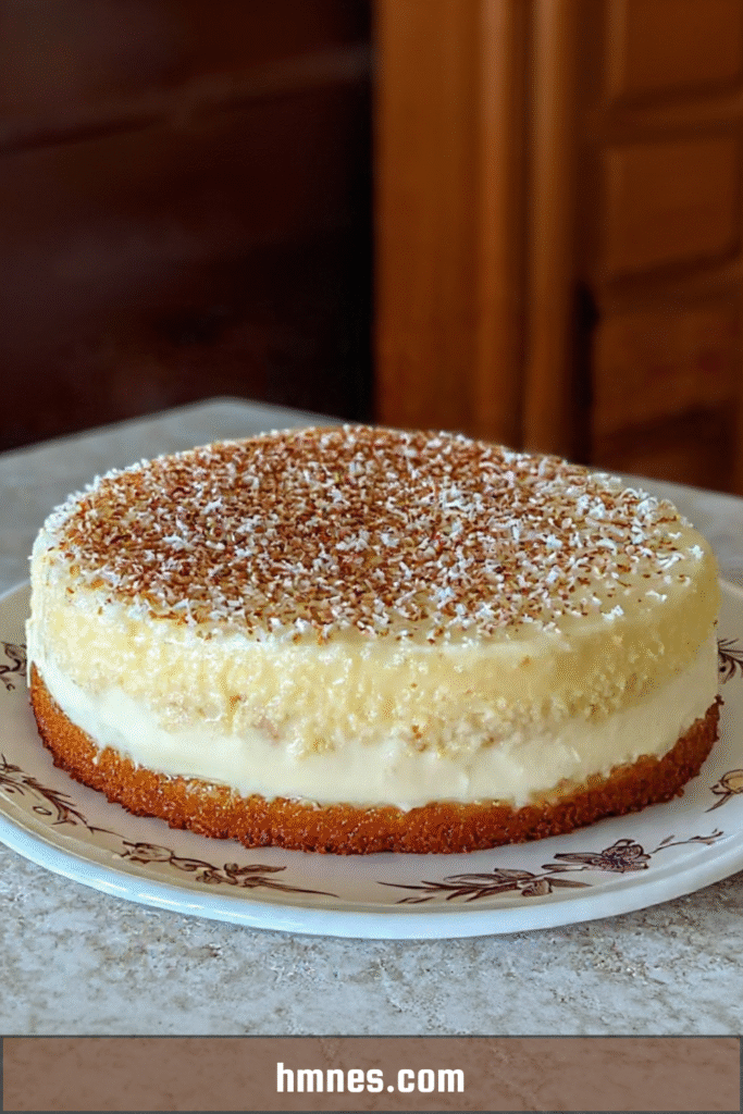 Cheesecake crémeux à la noix de coco décoré de copeaux et coco torréfiée