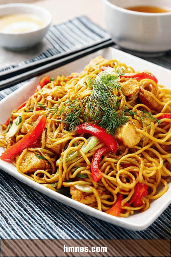 Nouilles asiatiques sautées au poulet avec légumes croquants
