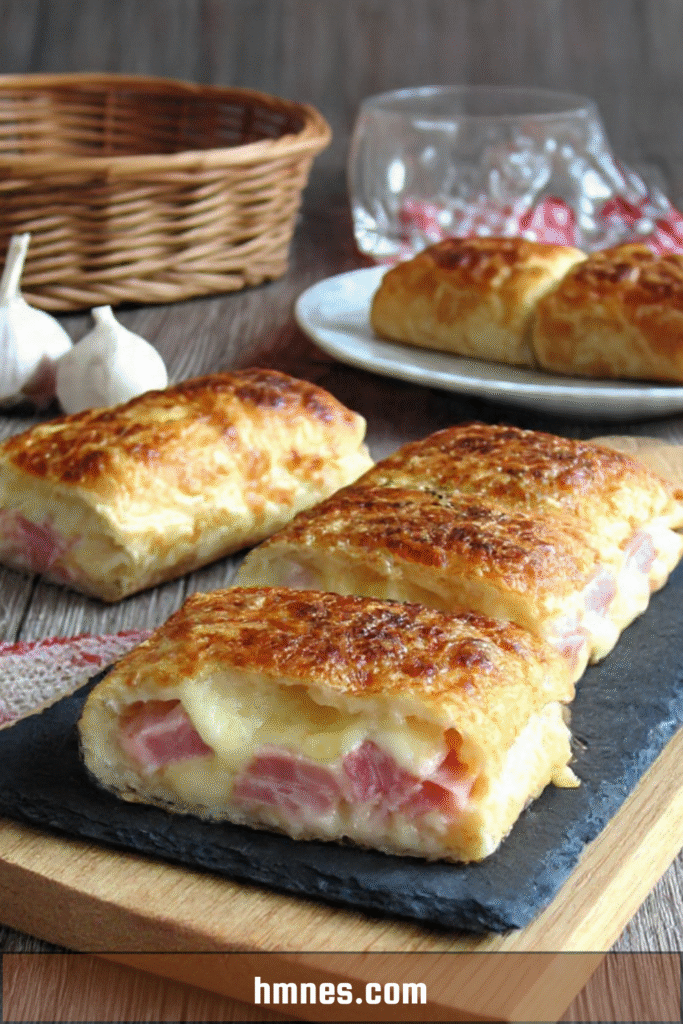 Croque-monsieur roulé doré et coupé en bouchées pour apéritif