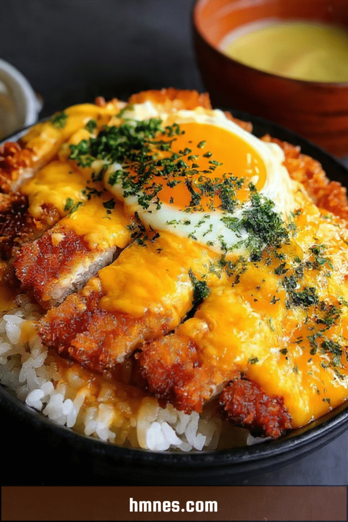 Katsudon croustillant au fromage et œuf coulant servi sur riz japonais