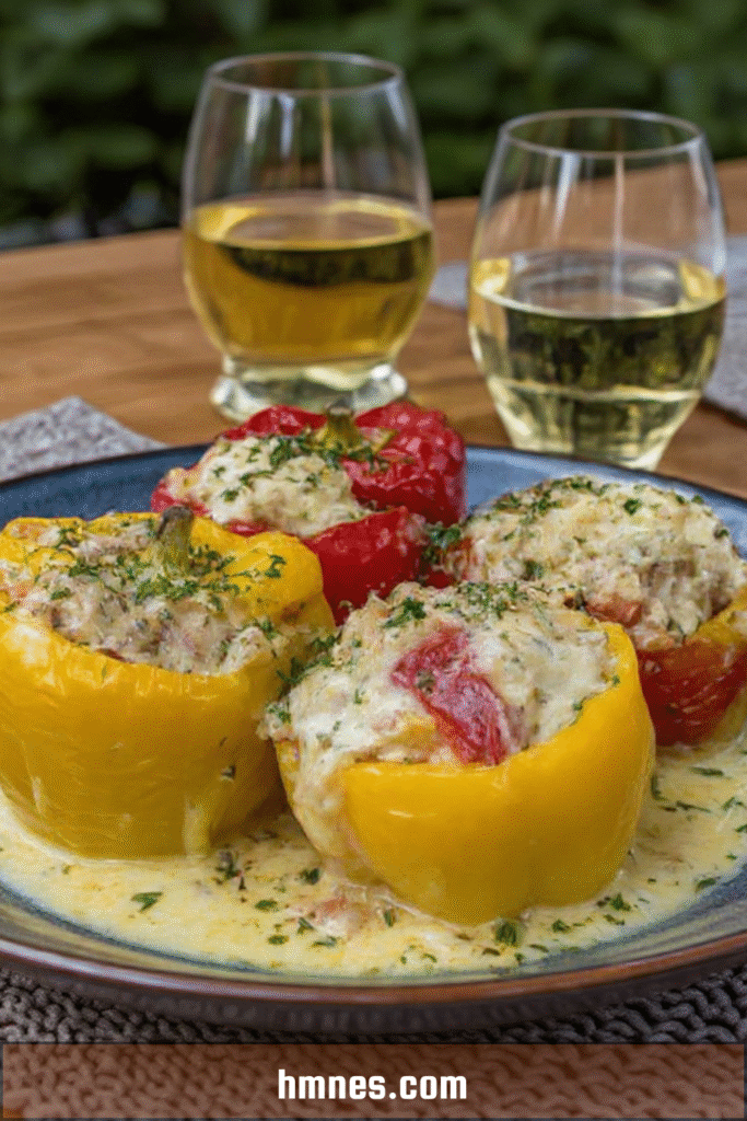 Poivrons farcis façon blanquette traditionnelle, sauce crémeuse