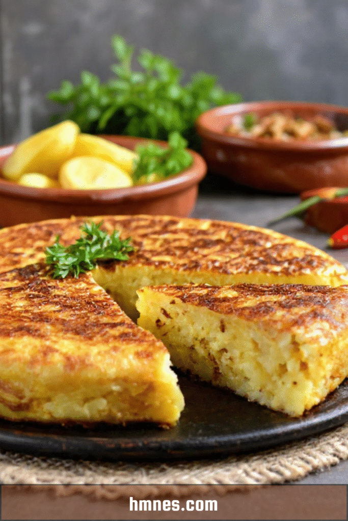 Tortilla espagnole traditionnelle à la poêle, dorée et fondante