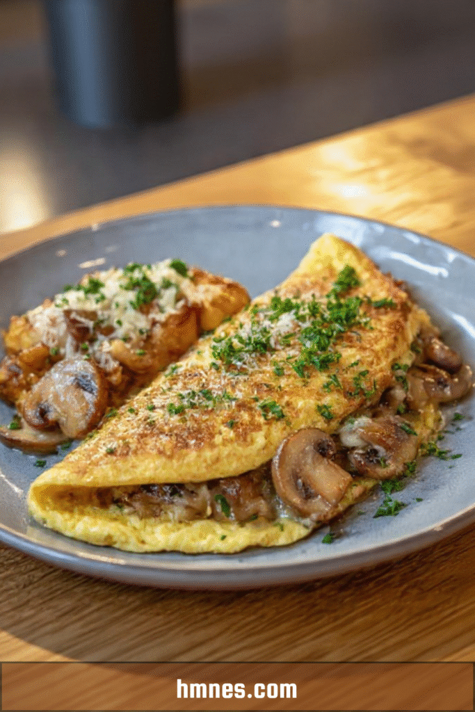 Omelette paysanne aux champignons ail et fromage fondant servie bien chaude