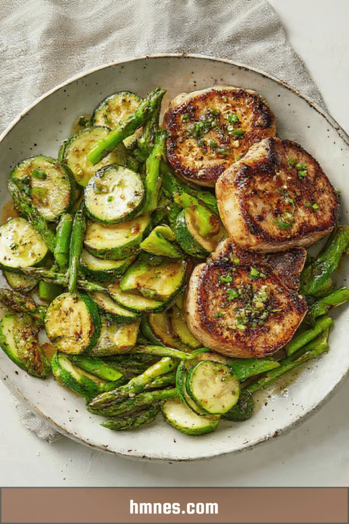 Médaillons de porc poêlés avec courgettes et asperges dorées