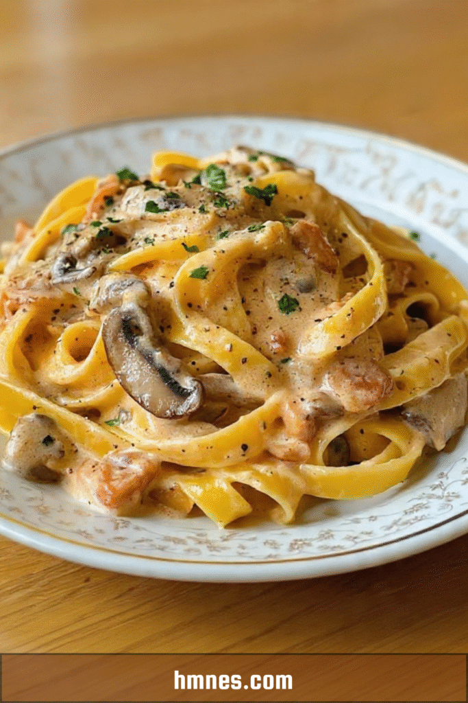 Tagliatelles crémeuses aux champignons nappées de sauce onctueuse au parmesan dans une assiette