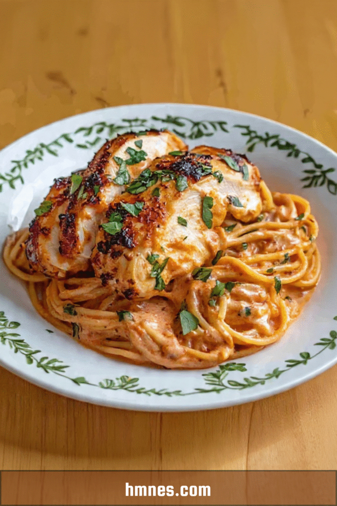 Spaghetti crème de tomate poulet rôti nappés de sauce onctueuse et persil frais