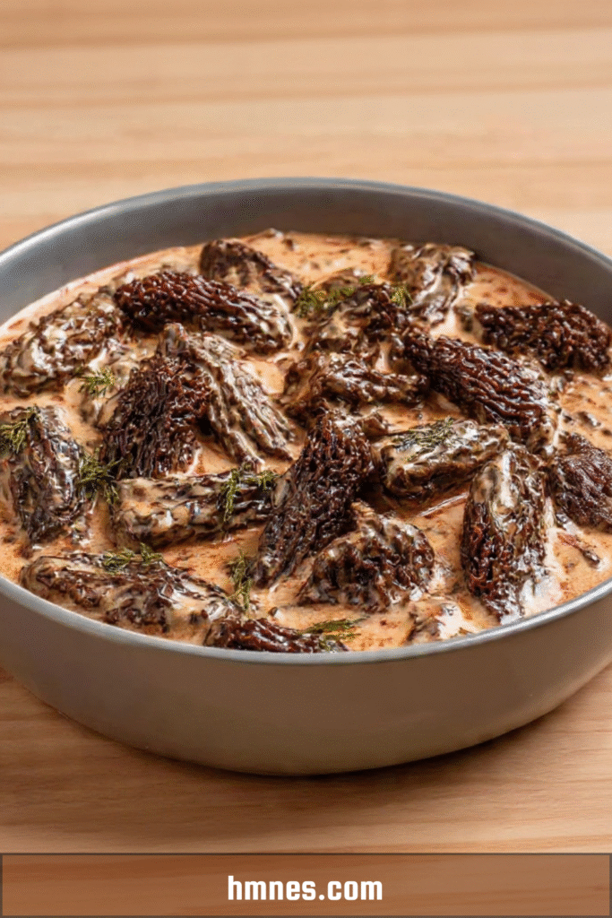 Sauce aux morilles pour volaille crémeuse servie en saucière avec morilles entières et herbes fraîches