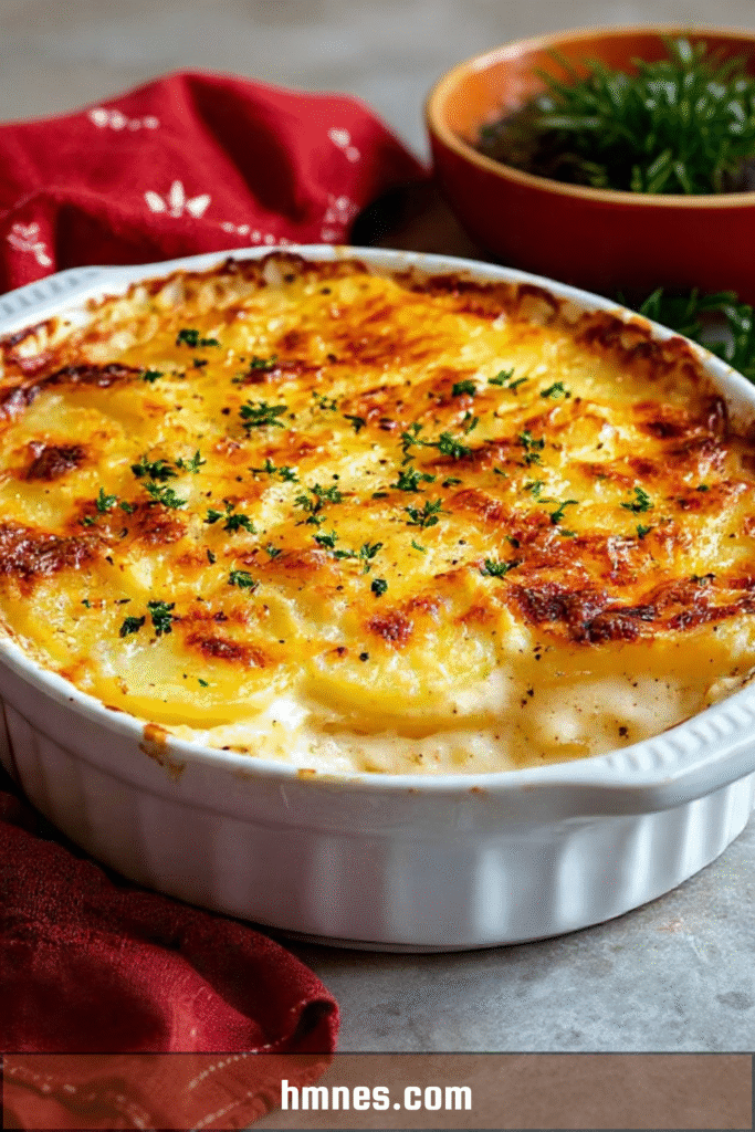 Gratin dauphinois fondant à la muscade doré au four dans un plat en céramique