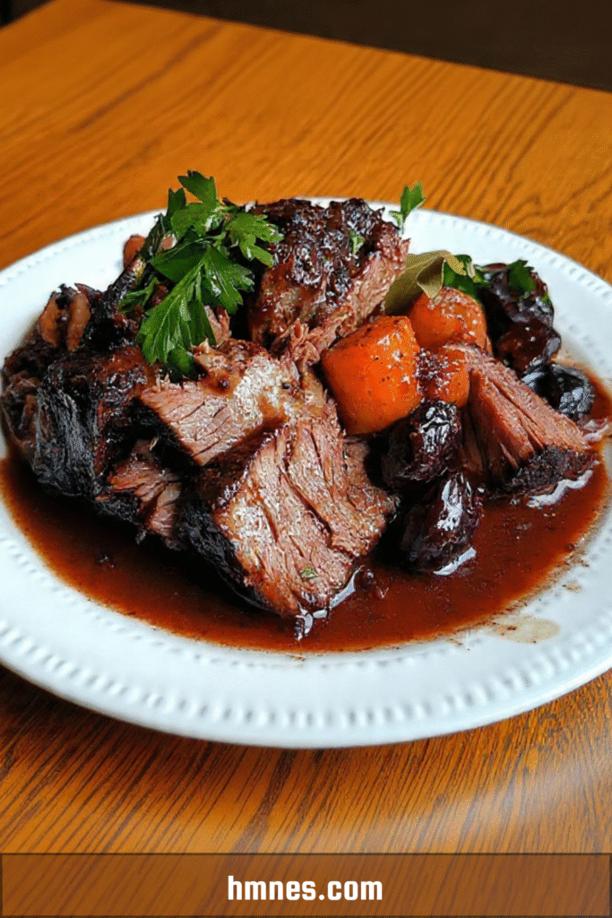 Sanglier braisé cacao prune noire mijoté en cocotte avec sauce sombre et légumes fondants