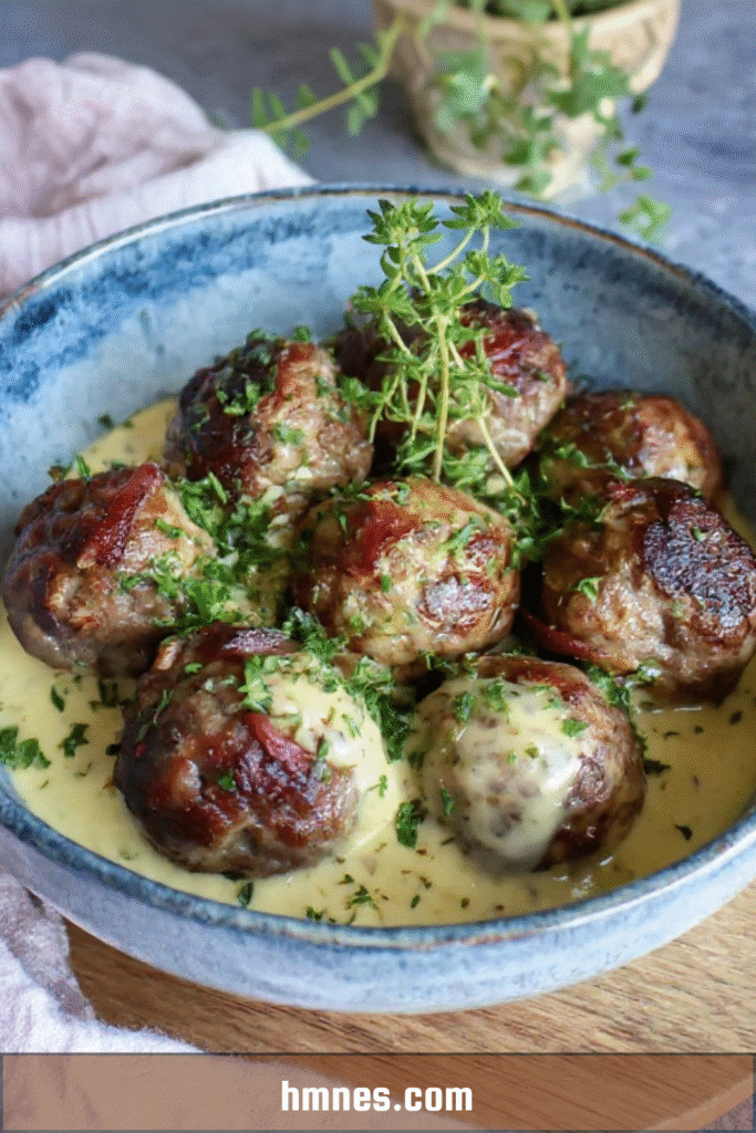 Boulettes de bœuf moutarde ancienne nappées de sauce crémeuse dans une poêle