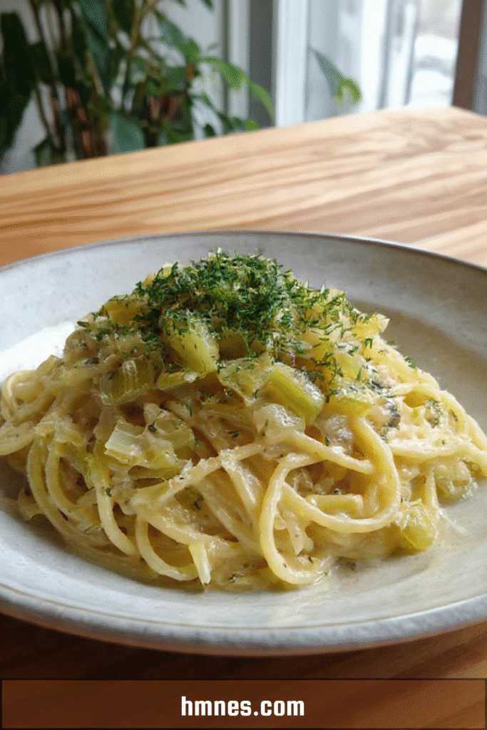 Pâtes crémeuses poireau citron servies chaudes avec herbes fraîches et zeste de citron