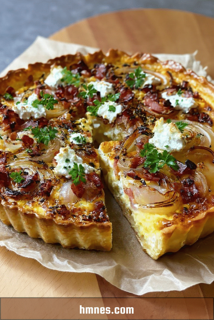 Tarte salée oignons lardons fromage frais dorée au four avec garniture fondante