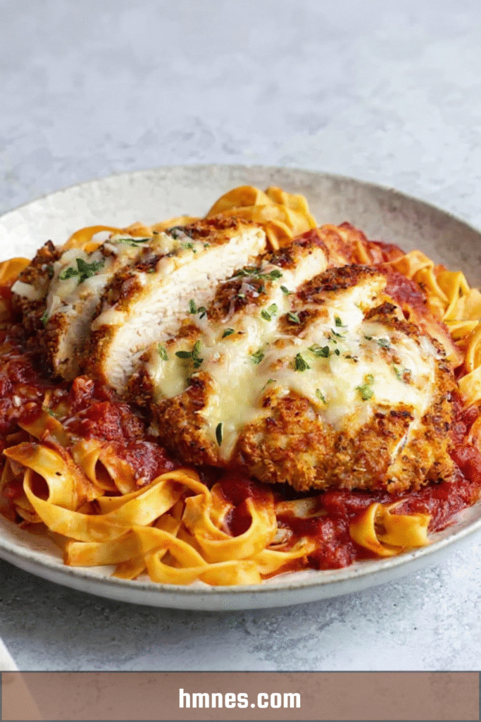 Escalope de poulet parmigiana gratinée servie avec tagliatelles et sauce tomate