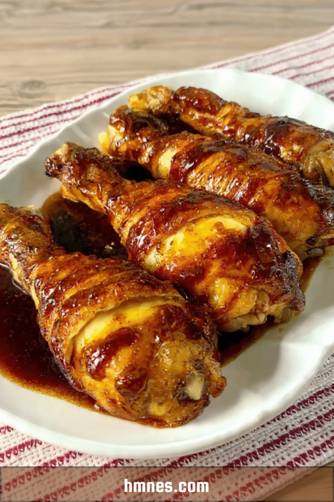 Pilons de poulet bacon fromage fondant dorés au four et nappés de sauce barbecue