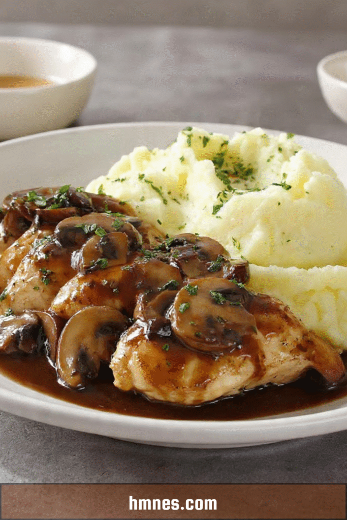 Poulet fondant sauce champignons servi avec une purée onctueuse maison