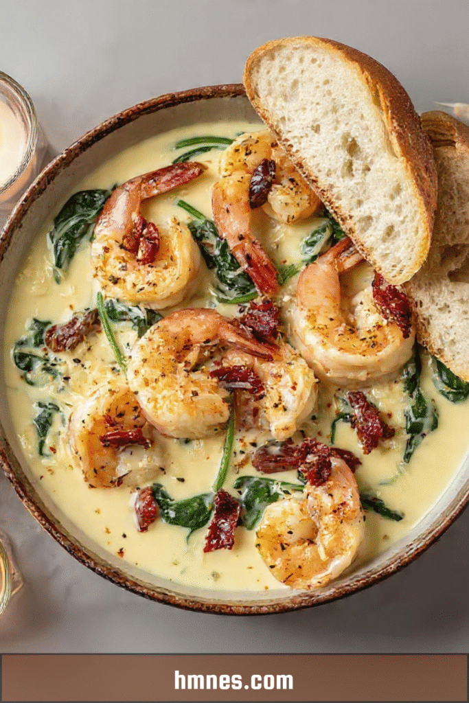 Crevettes crémeuses épinards et tomates séchées servies avec pain rustique